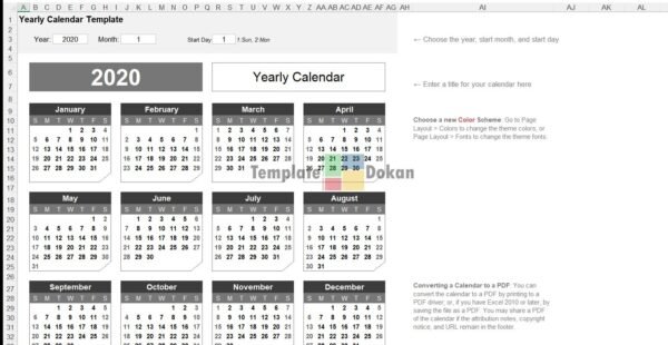 Yearly Calendar Potrait With Notes Chamfer Theme